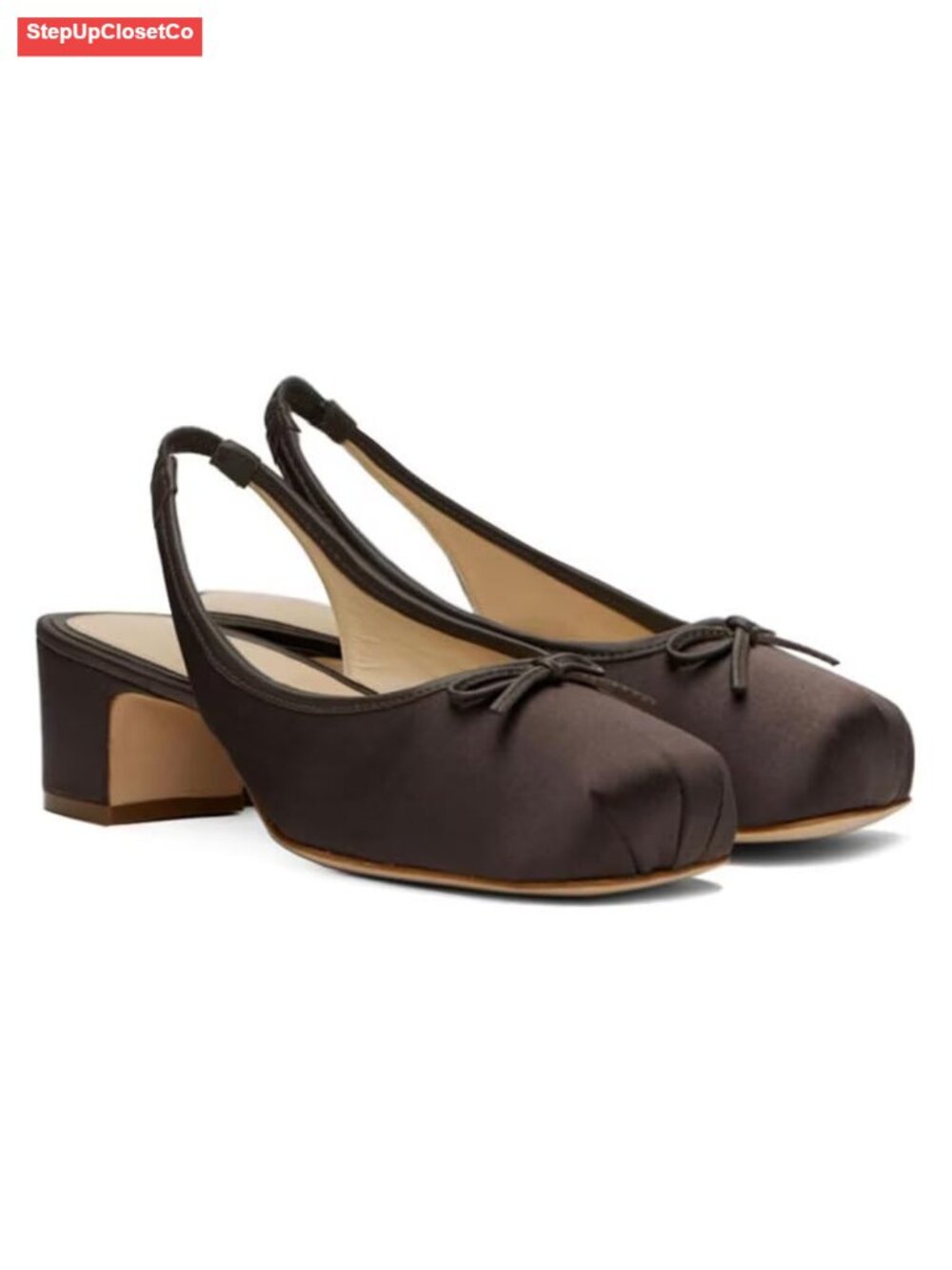 Satin Ballet Slingback Heels Square Toe Bow Chunky Block Pumps